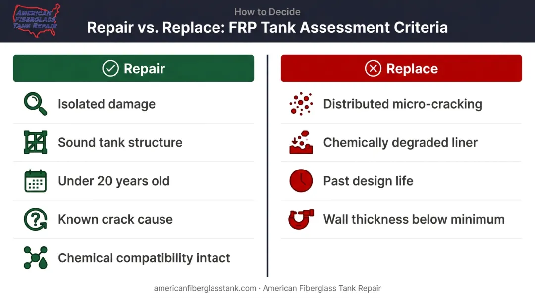 FRP tank repair versus replacement decision criteria side-by-side comparison chart