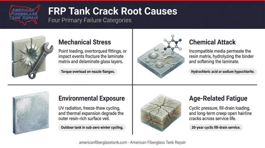 Four root causes of FRP fiberglass tank cracks illustrated infographic