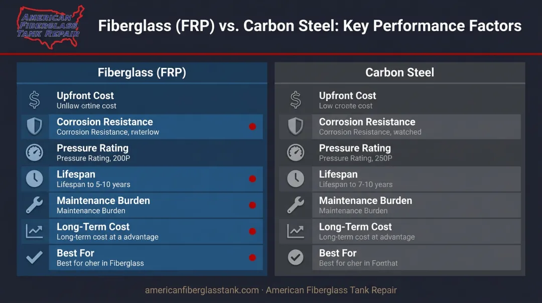 Fiberglass FRP versus carbon steel tank side-by-side comparison infographic