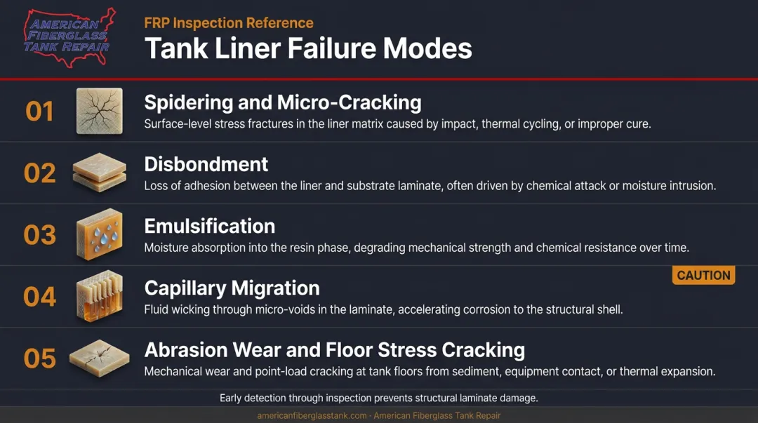 Five common FRP and GRP water tank liner failure modes illustrated infographic