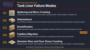 Five common FRP and GRP water tank liner failure modes illustrated infographic