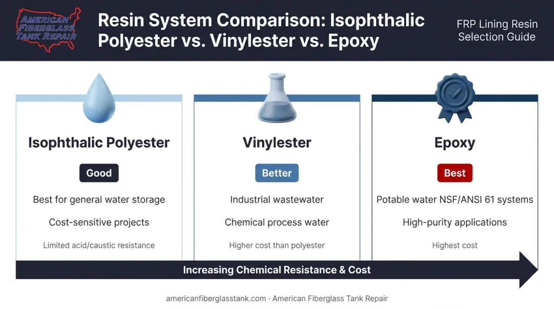 Three resin types comparison chart for FRP and GRP water tank specifications
