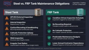 Steel tank versus FRP tank maintenance cycle cost comparison side-by-side infographic