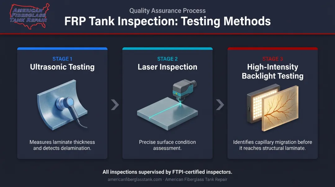 Three FRP tank inspection testing methods ultrasonic laser backlight process flow