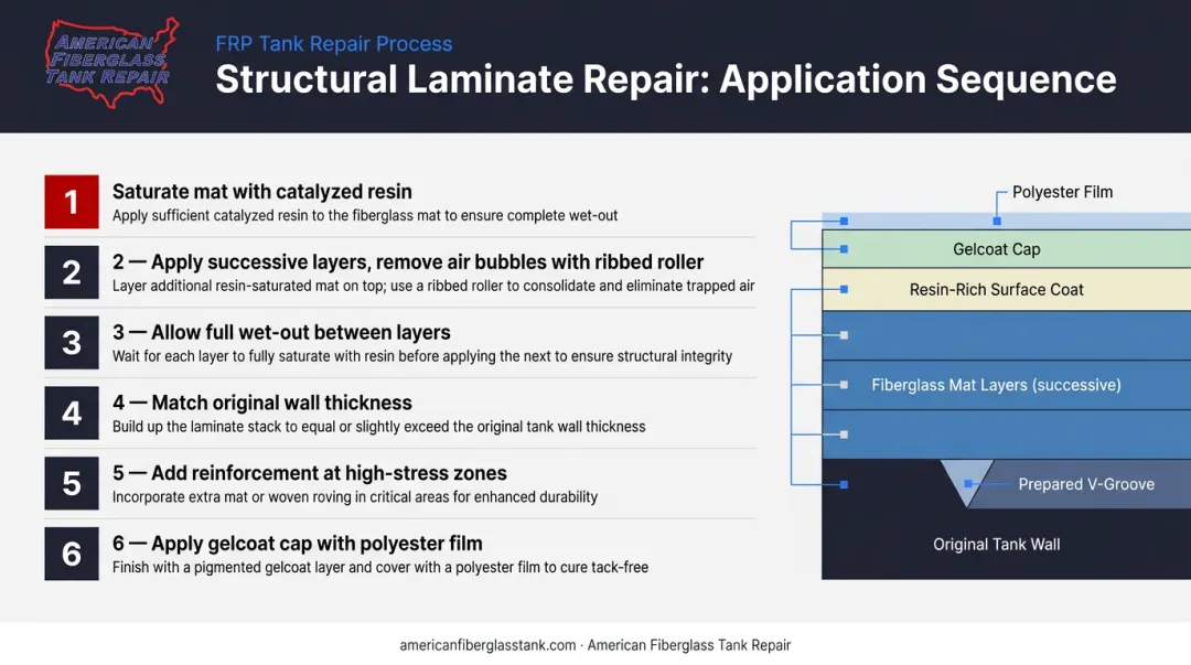 Fiberglass tank structural laminate repair multi-layer buildup process steps