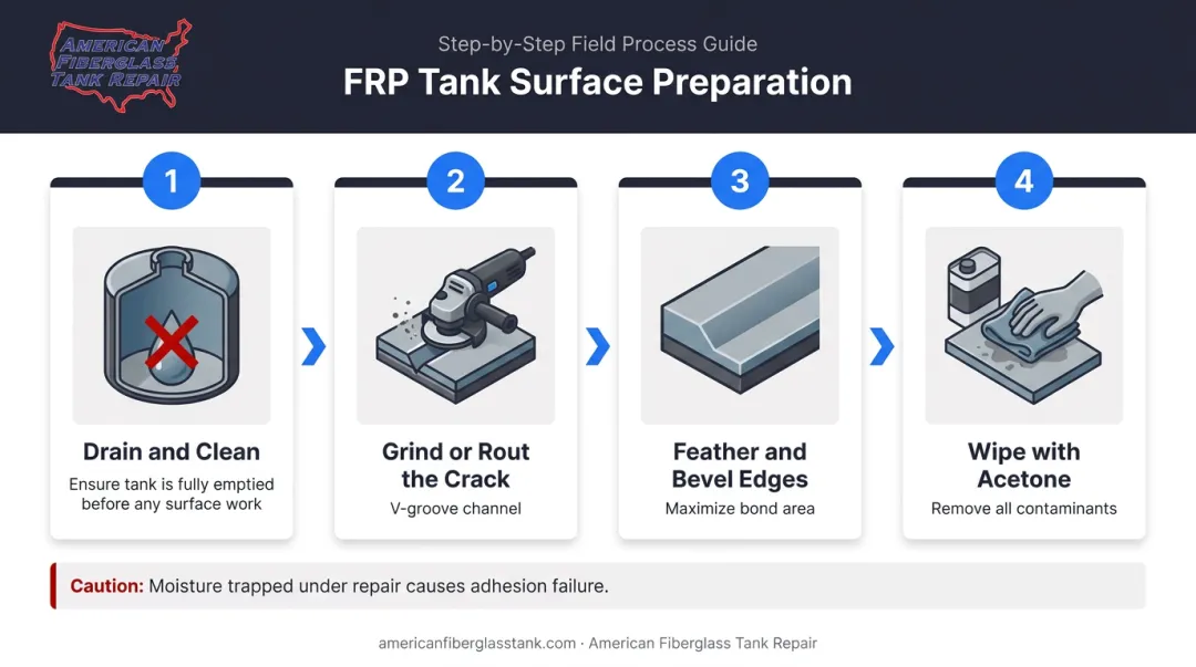 4-step FRP tank surface preparation process before stress crack repair