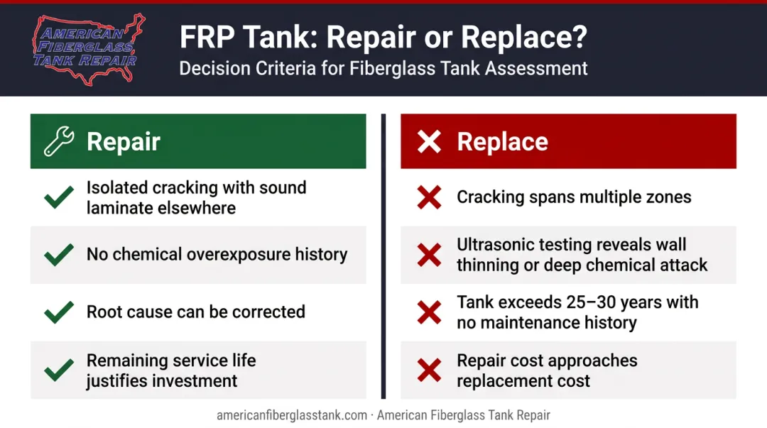 FRP tank repair versus replacement decision criteria side-by-side comparison chart