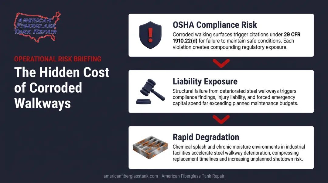 Three consequences of corroded industrial walkways compliance safety and cost infographic