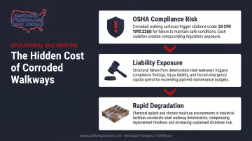 Three consequences of corroded industrial walkways compliance safety and cost infographic