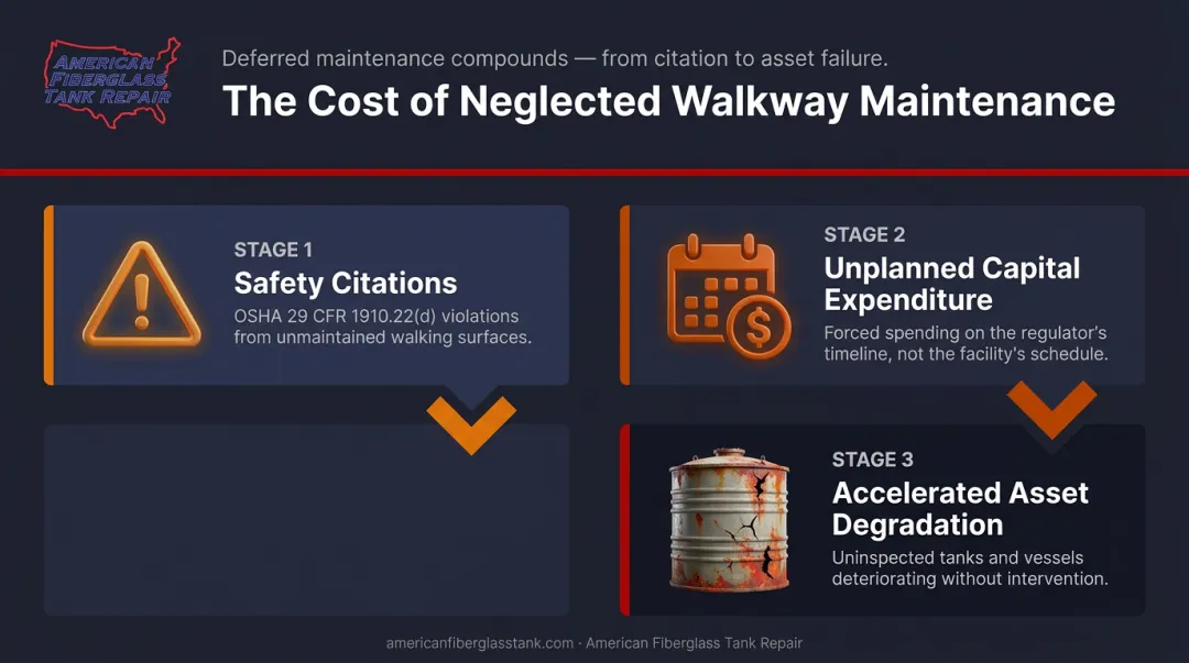 Three compounding risks of neglected FRP walkway maintenance citations costs and asset degradation