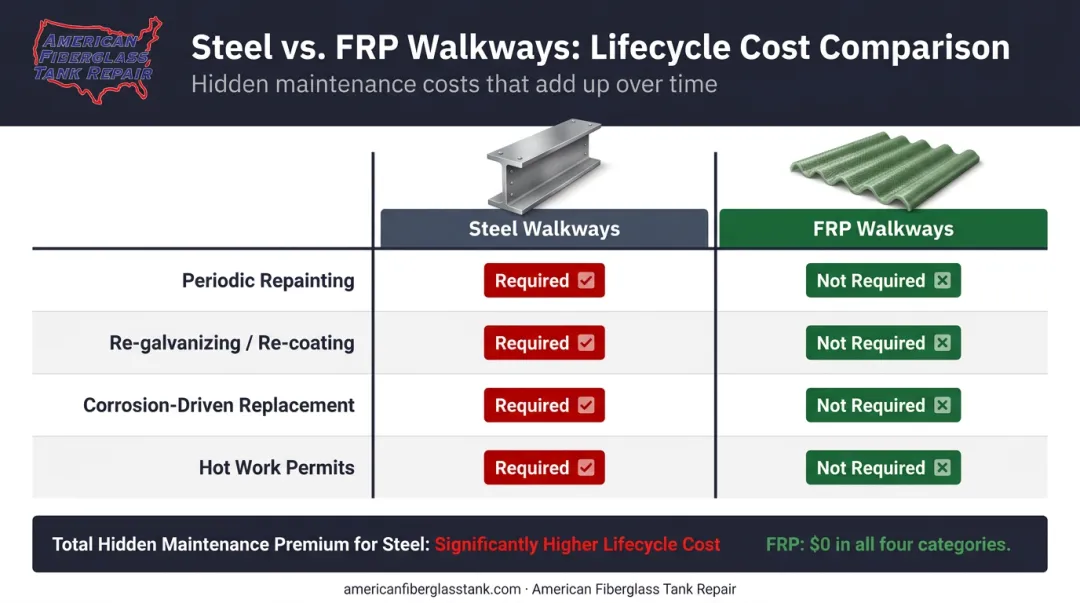 Steel versus FRP walkway lifecycle cost comparison chart four cost categories