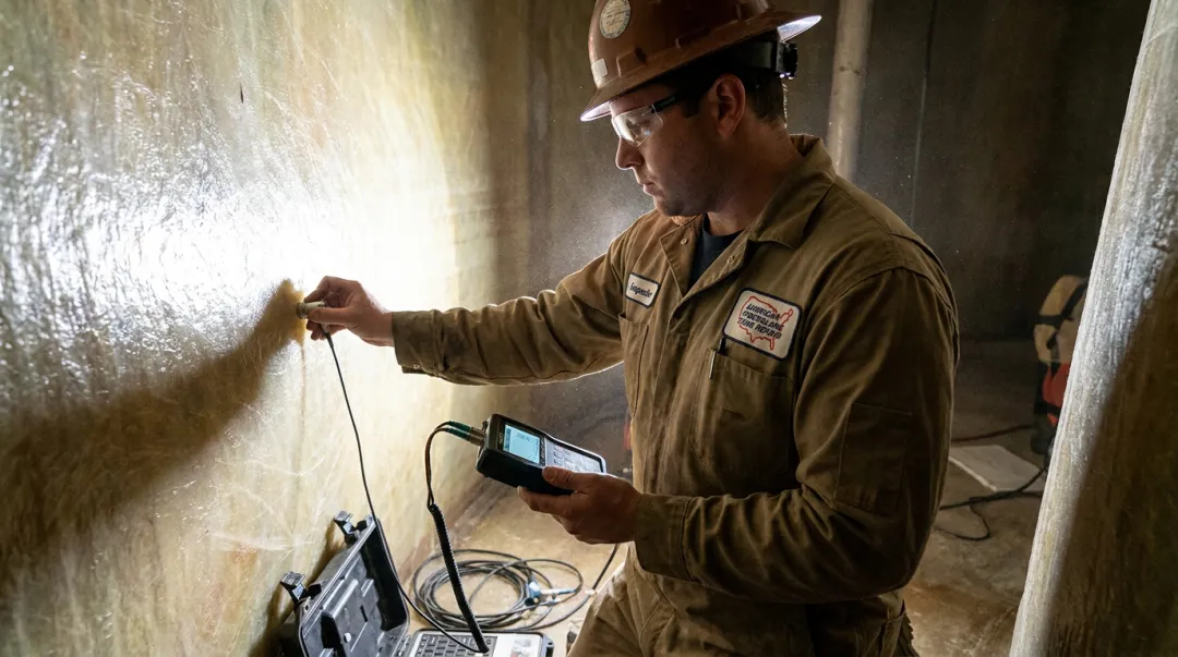 AFTR field inspector using ultrasonic testing equipment on fiberglass tank interior