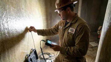 AFTR field inspector using ultrasonic testing equipment on fiberglass tank interior