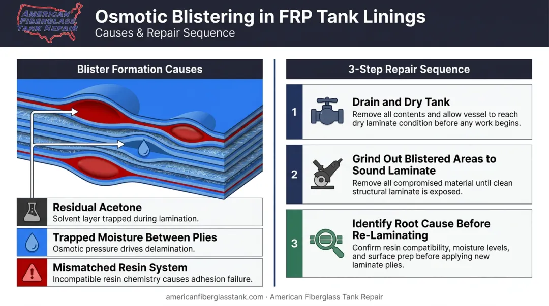Osmotic blistering causes and repair process cross-section diagram for FRP tank lining