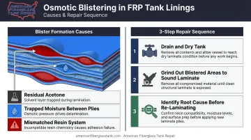 Osmotic blistering causes and repair process cross-section diagram for FRP tank lining