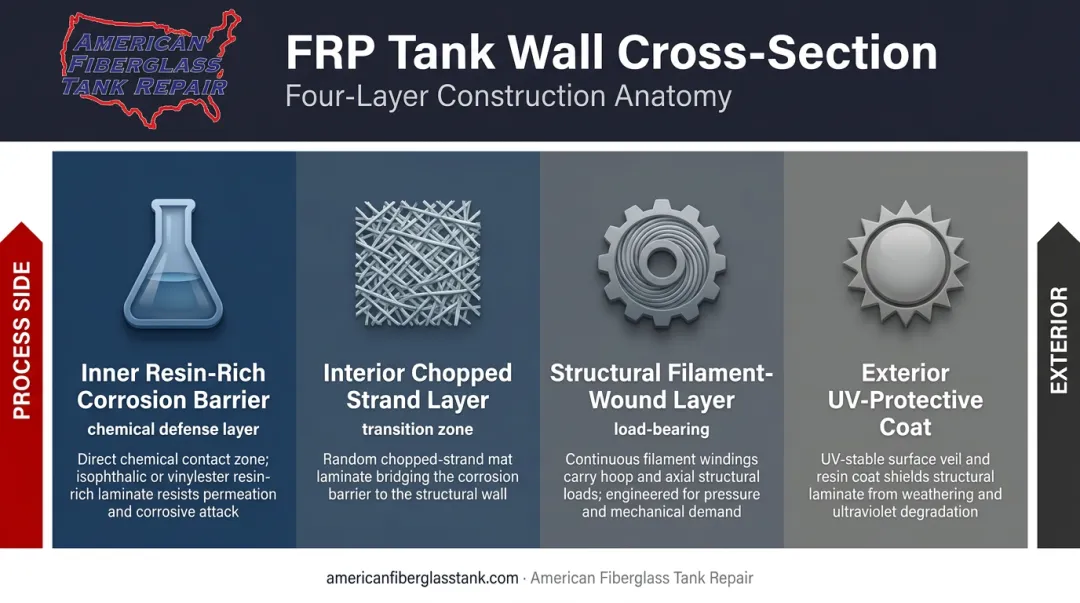 FRP fiberglass tank wall four-layer construction cross-section diagram