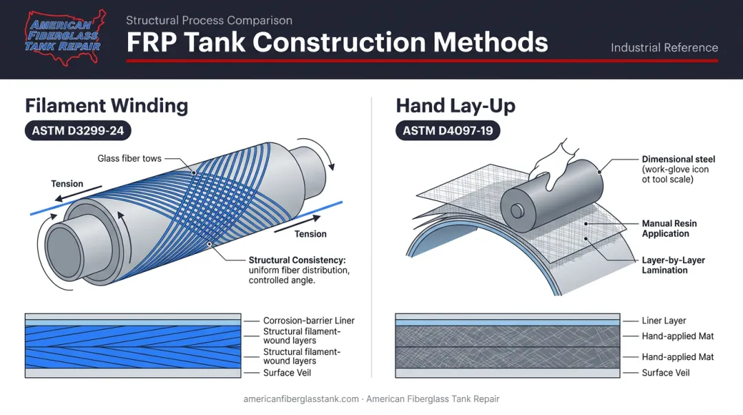 FRP tank filament winding versus hand lay-up construction methods comparison infographic