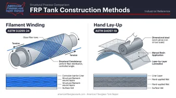 FRP tank filament winding versus hand lay-up construction methods comparison infographic