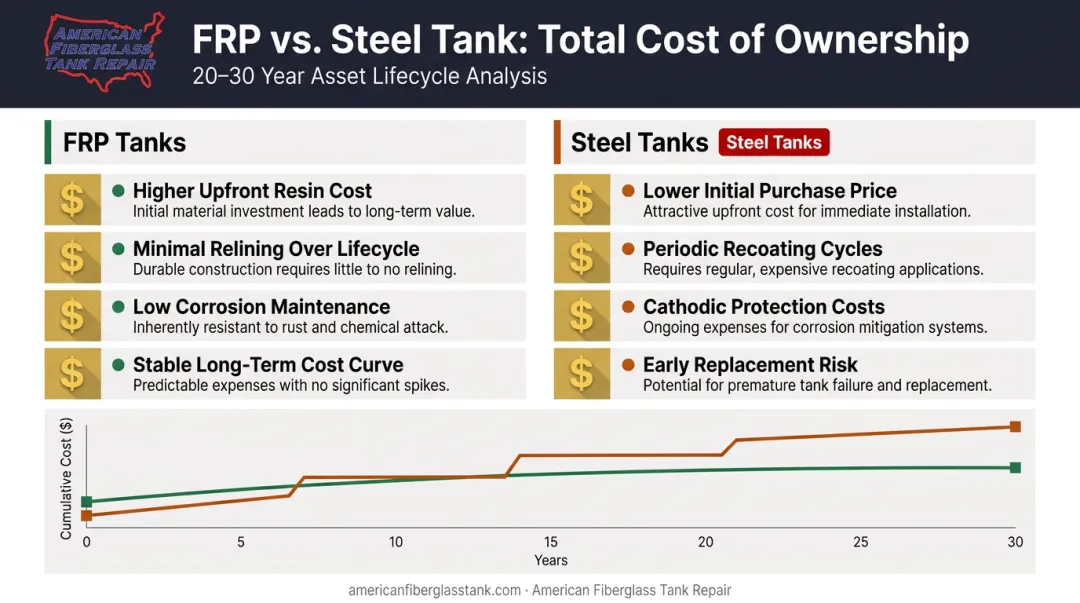 FRP versus steel tank total cost of ownership lifecycle comparison infographic