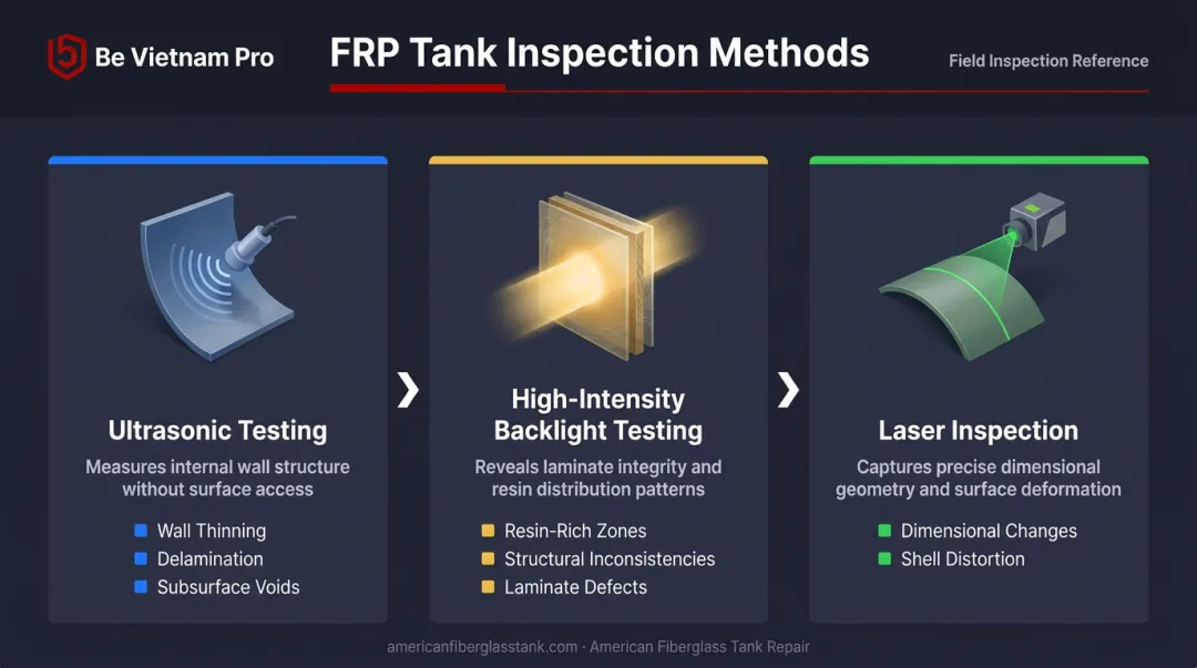 Three FRP tank inspection methods ultrasonic backlight and laser testing process diagram