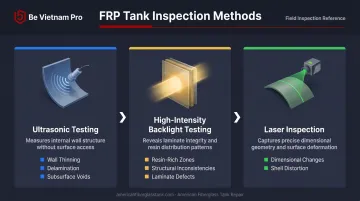 Three FRP tank inspection methods ultrasonic backlight and laser testing process diagram