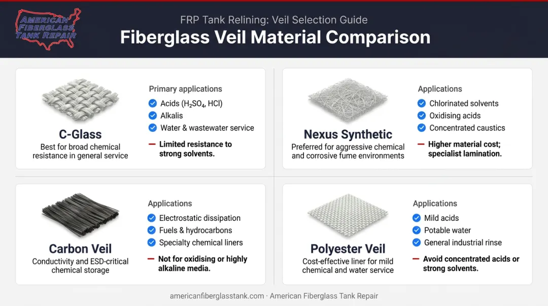 Four FRP surface veil material types and chemical service applications comparison