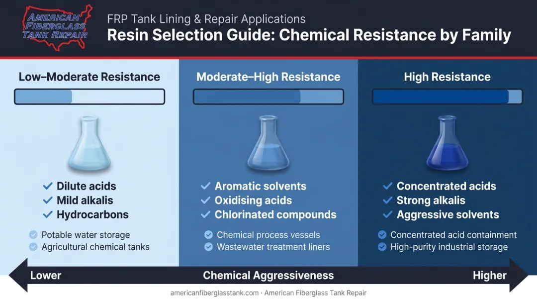 Three FRP resin families chemical resistance and industrial application comparison chart