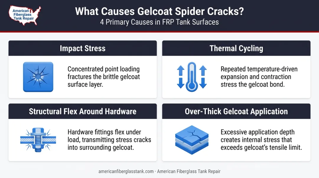 Four common causes of fiberglass gelcoat spider cracks illustrated comparison infographic