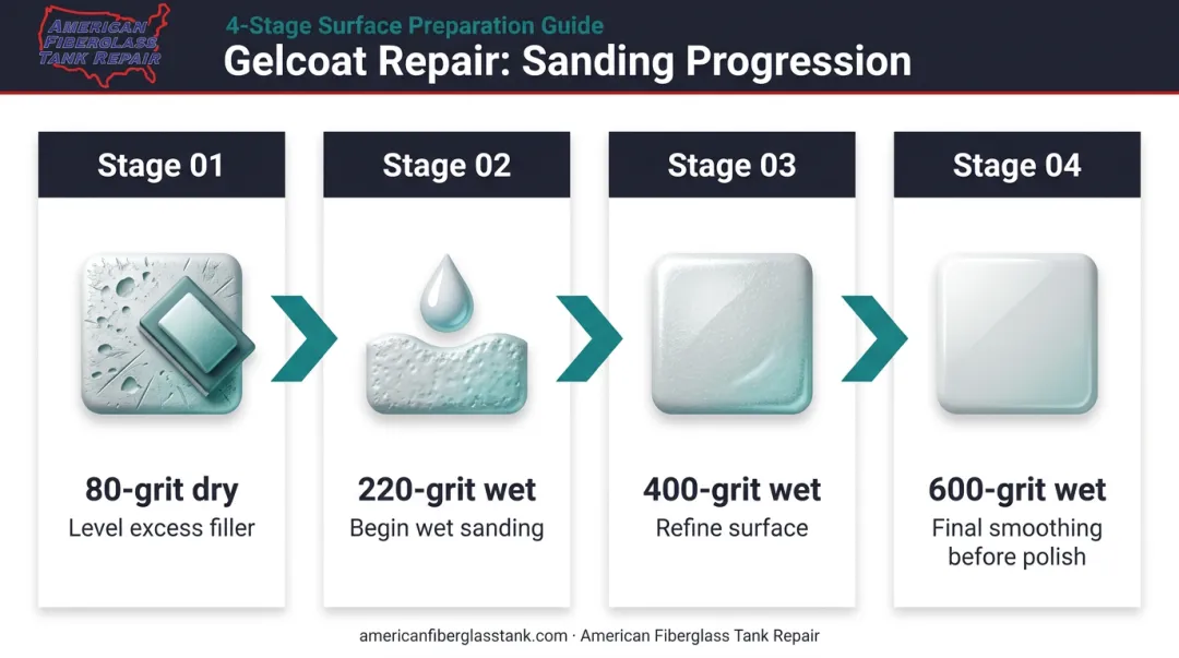 Four-stage progressive wet sanding grit sequence for gelcoat spider crack repair