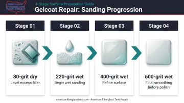 Four-stage progressive wet sanding grit sequence for gelcoat spider crack repair