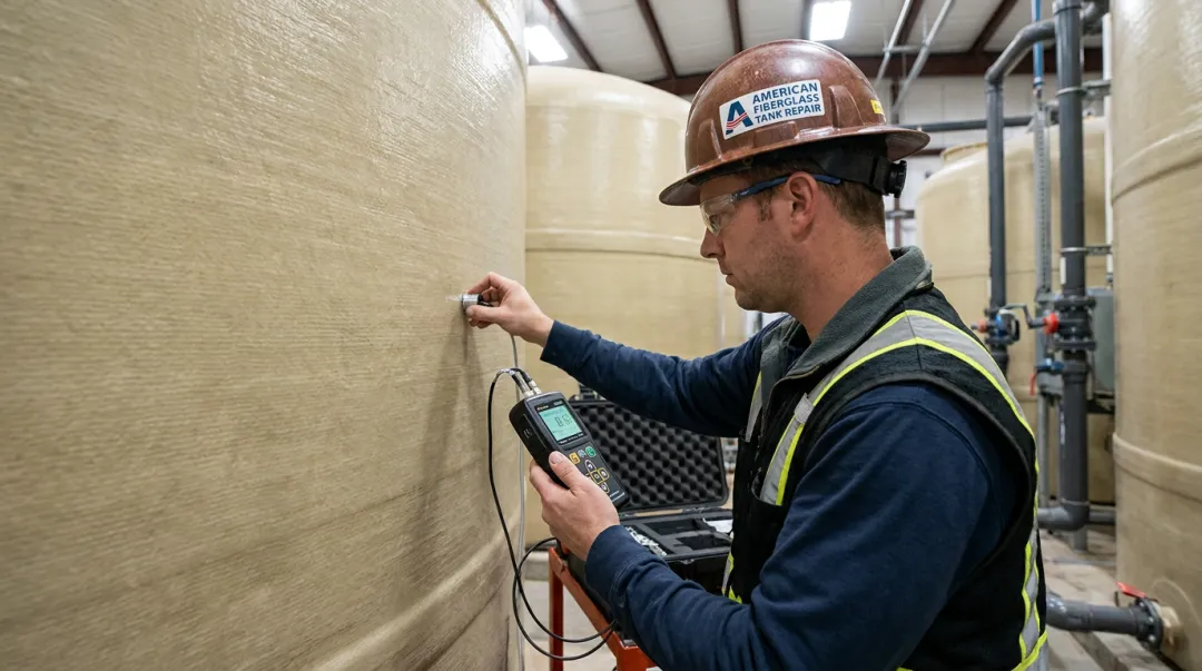 AFTR certified inspector performing ultrasonic testing on FRP water storage tank