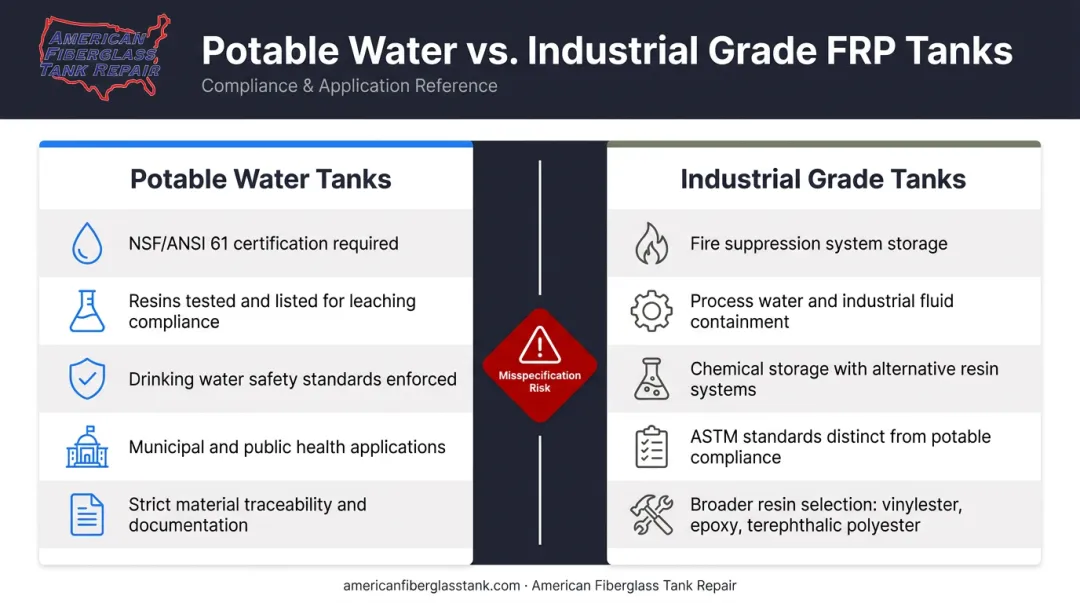 Potable versus industrial FRP tank certification requirements side-by-side comparison infographic