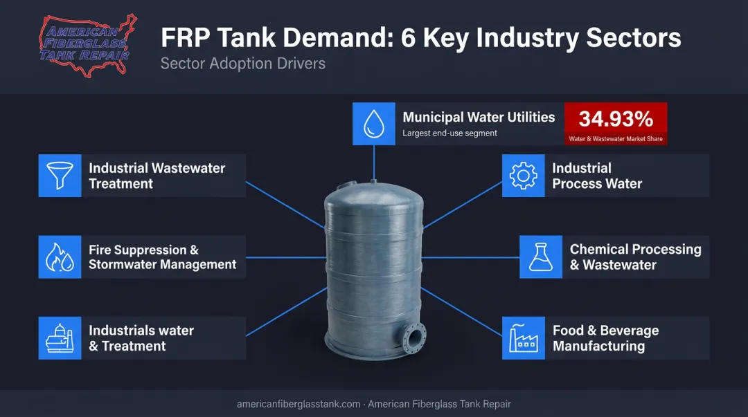 Six key industry sectors driving FRP water storage tank adoption infographic