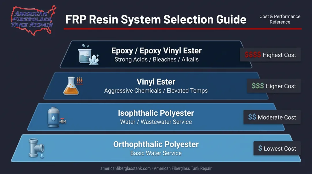 FRP resin system hierarchy from orthophthalic polyester to epoxy cost and performance comparison