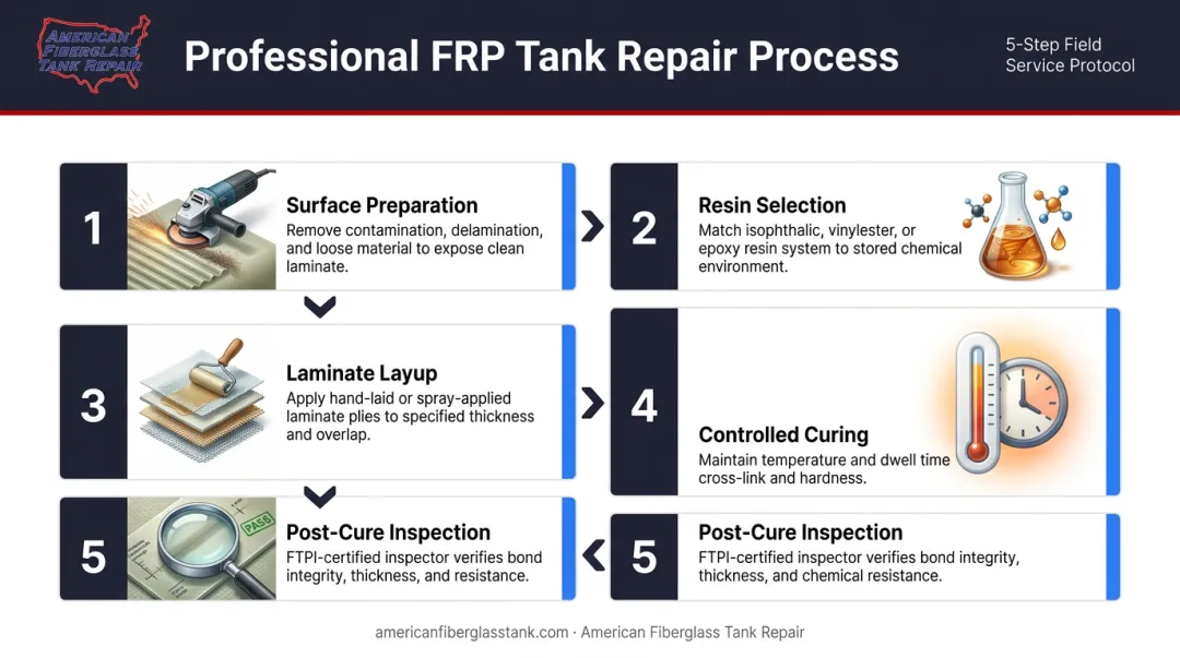 5-step fiberglass tank repair process from surface preparation to post-cure inspection