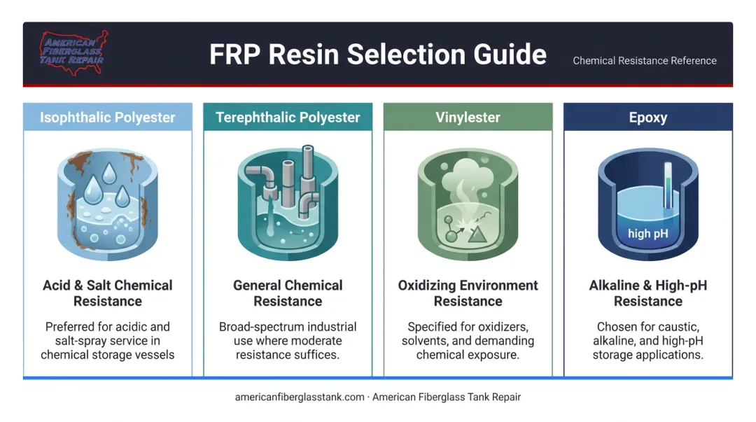 Four FRP resin types chemical resistance properties comparison infographic