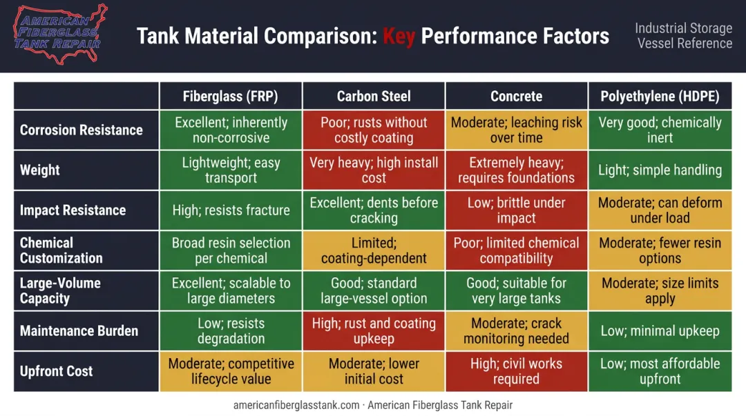 Fiberglass FRP versus steel concrete polyethylene tank materials comparison chart