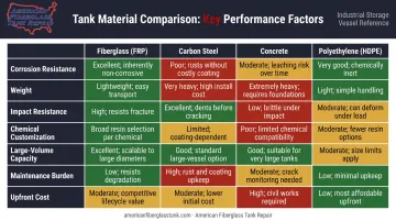 Fiberglass FRP versus steel concrete polyethylene tank materials comparison chart