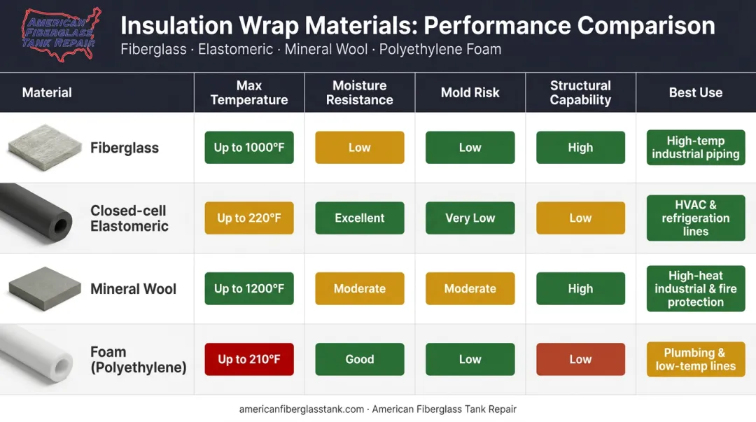 Fiberglass versus elastomeric foam mineral wool insulation materials comparison chart