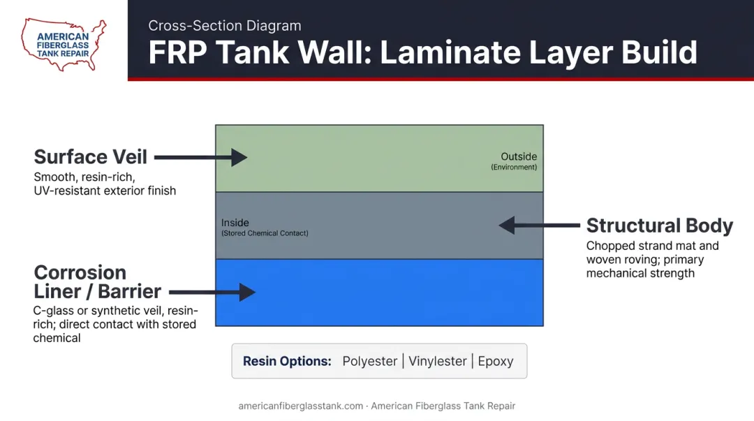 Fiberglass tank laminate system three-layer architecture cross-section diagram