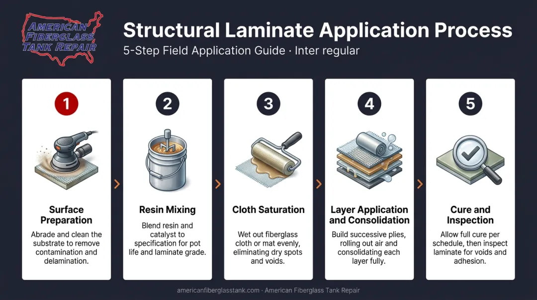 5-step structural fiberglass laminate application process flow for tank repair