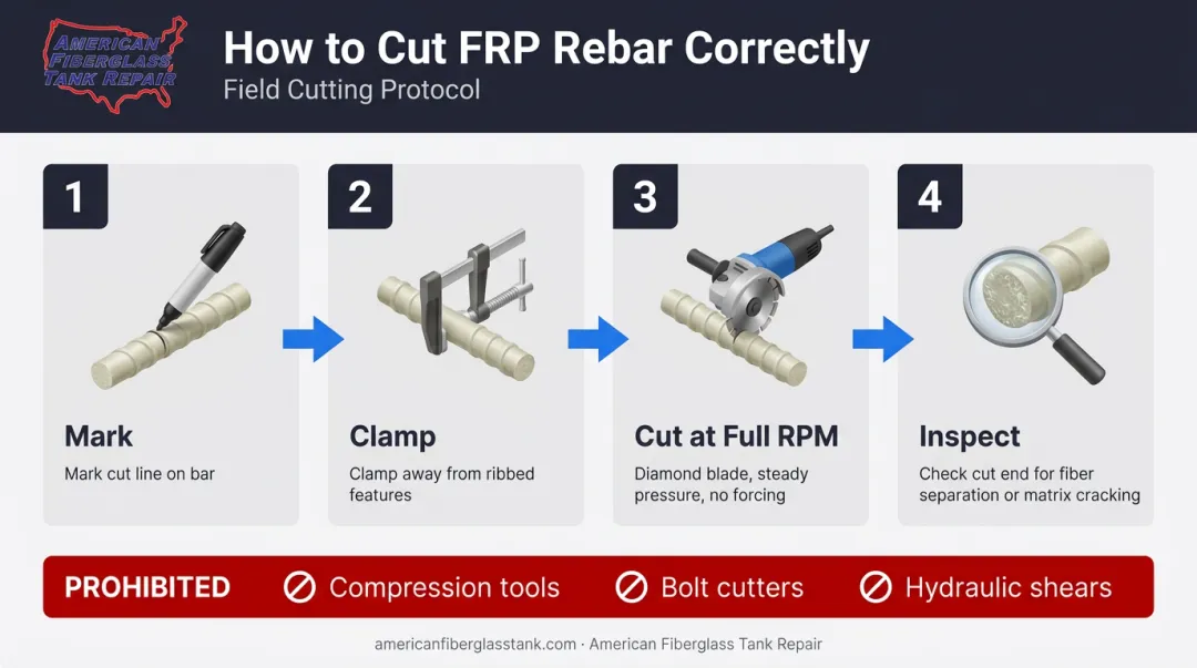 4-step FRP rebar cutting process using diamond blade saw