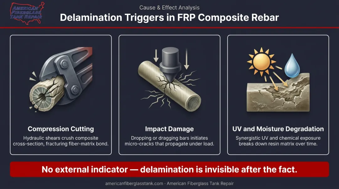 Three primary causes of FRP rebar delamination during installation and service