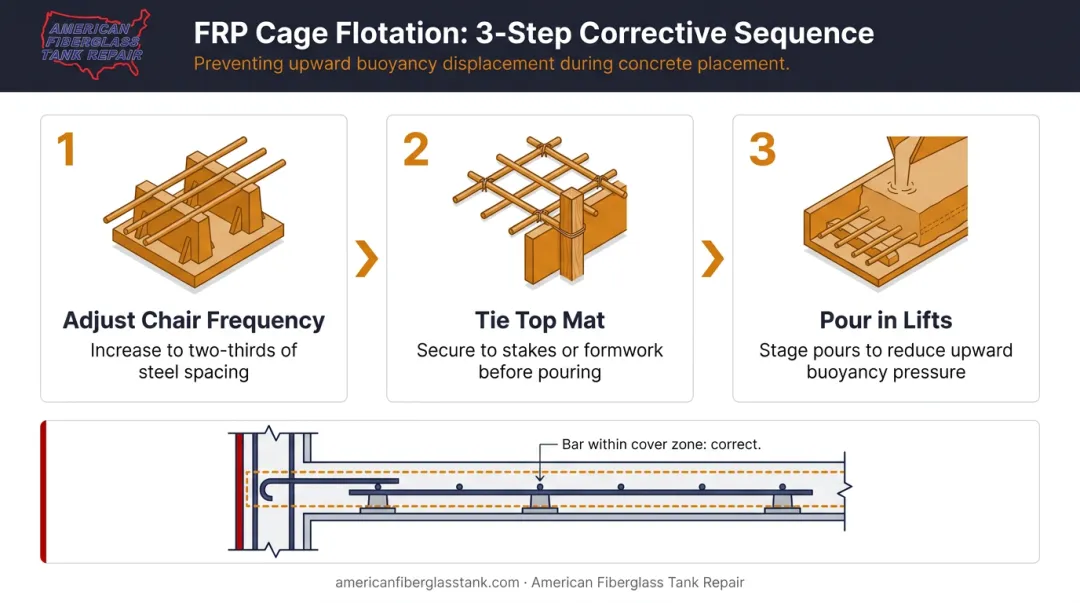 Three-step fix for FRP rebar cage floating during concrete pour