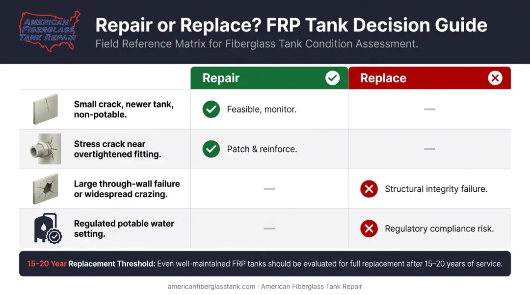 PE water tank repair versus replacement decision matrix comparing four key scenarios