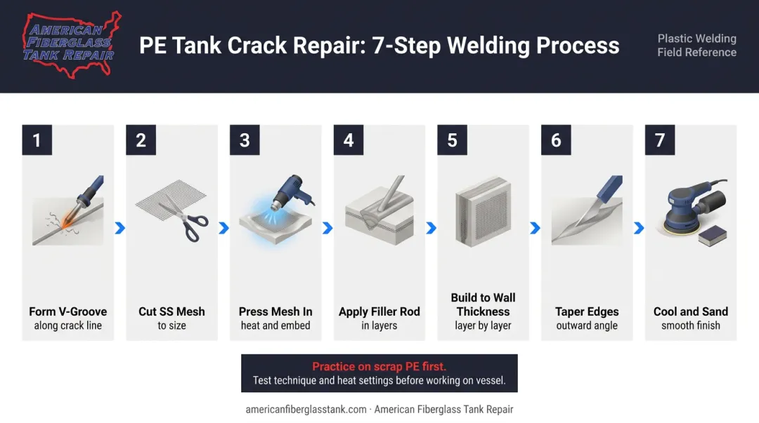 7-step plastic welding with stainless mesh reinforcement repair process flow