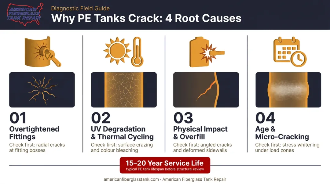 Polyethylene tank failure causes timeline from UV degradation to age cracking