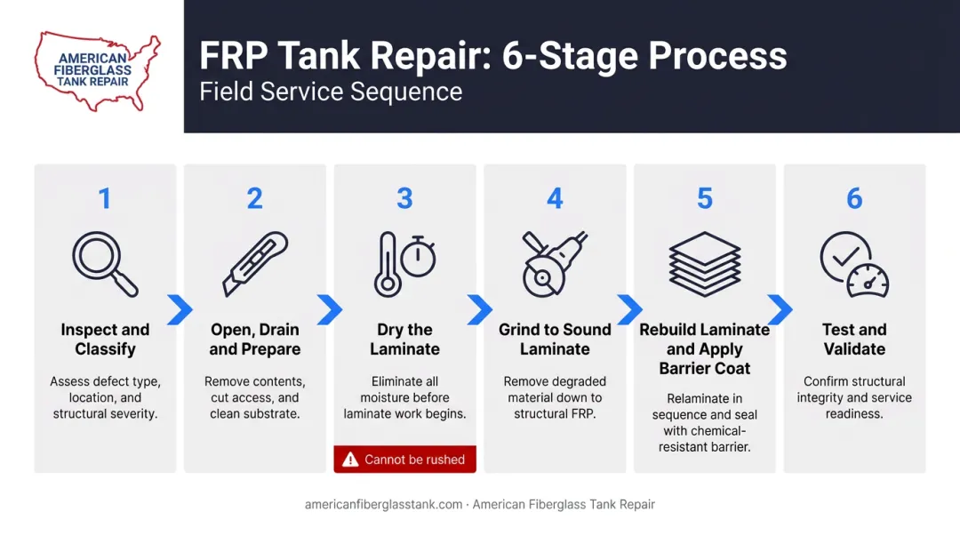Six-step FRP tank blister repair process flow from inspection to return to service