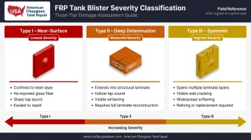 Three-tier FRP tank blister severity classification Type I II III comparison