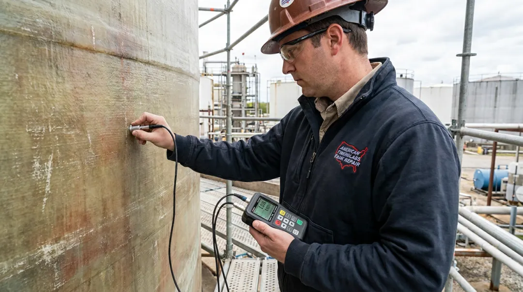 AFTR certified inspector performing ultrasonic thickness testing on fiberglass tank